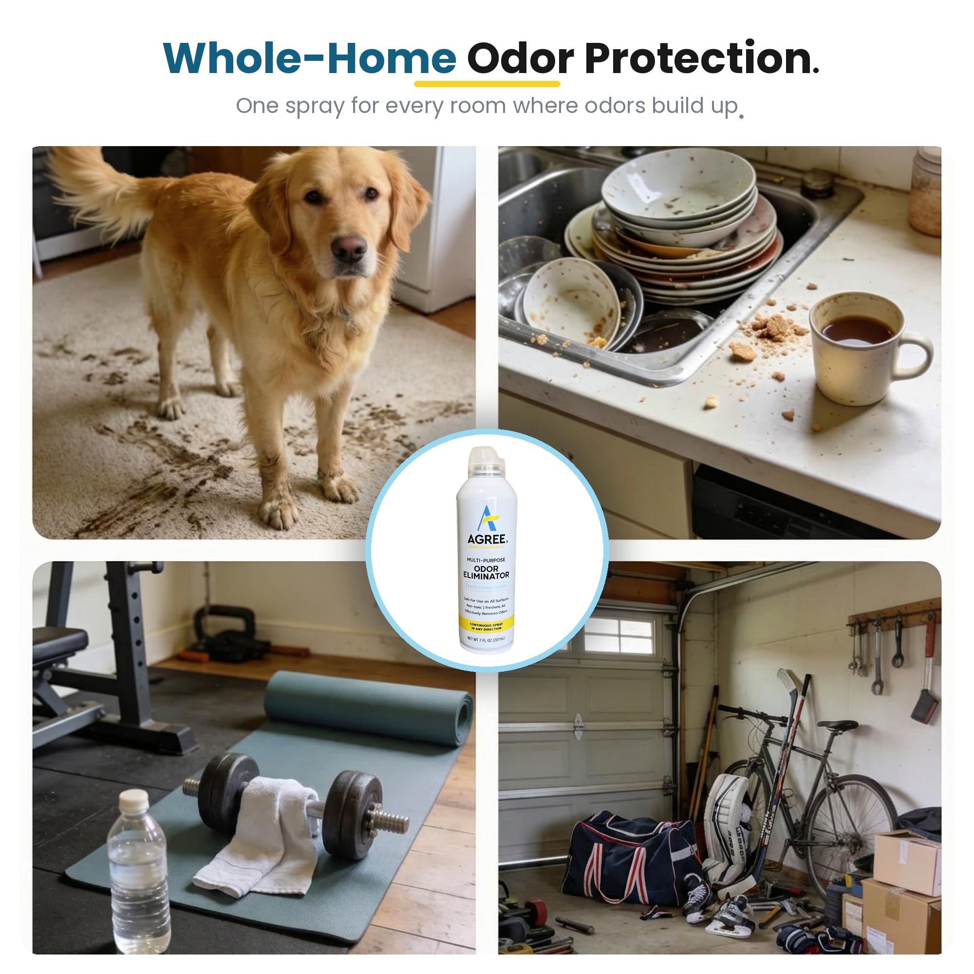 Agree Odor Eliminator e-commerce feature creative showing continuous spray in any direction