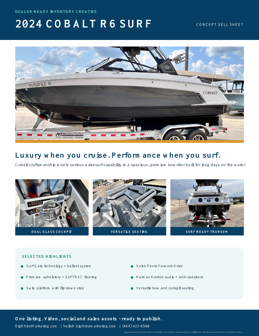 Composite sell sheet concept for a 2024 Cobalt R6 Surf